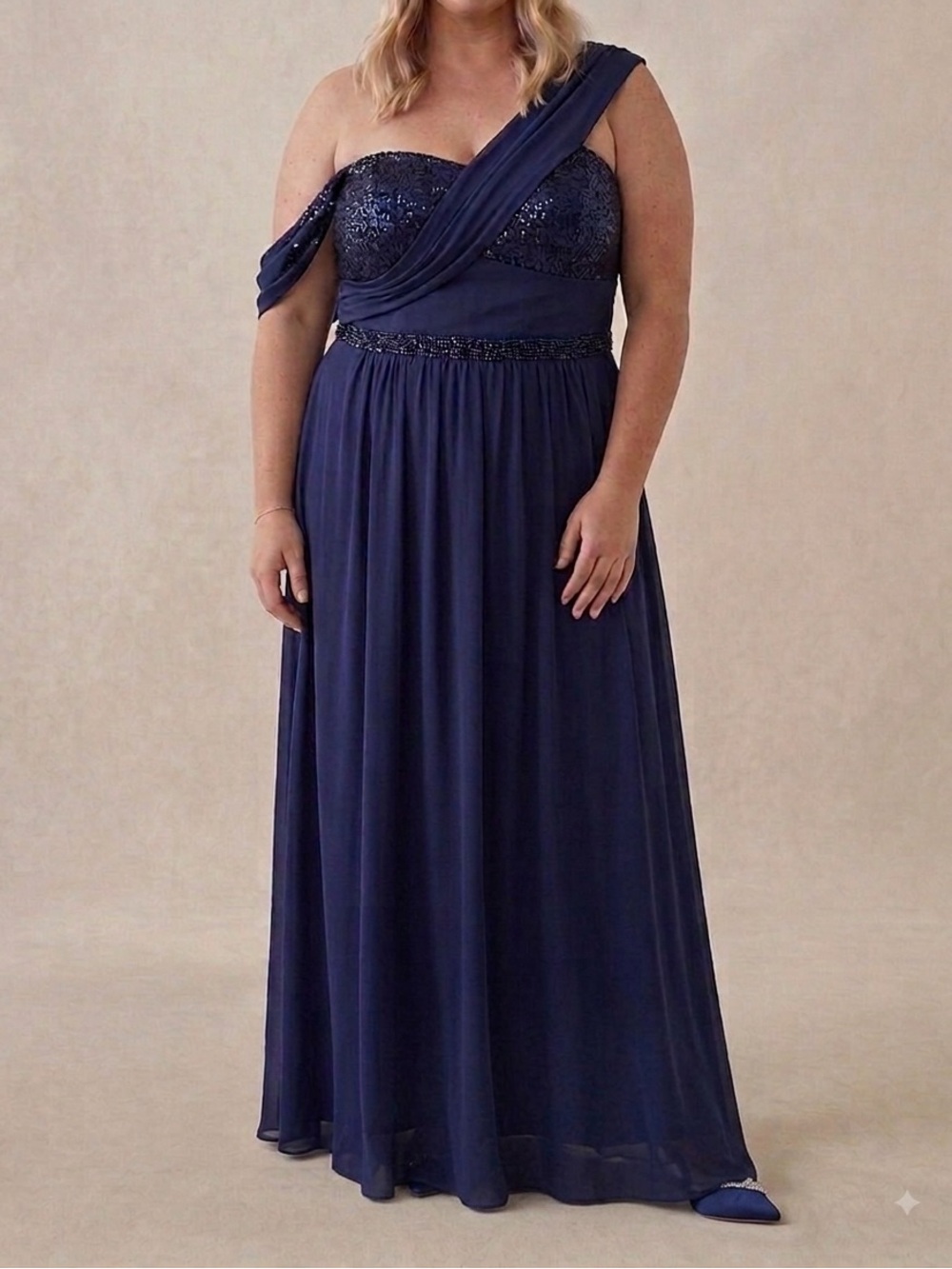 OP Deep Navy Formal Dress with Flowy Skirt and Beaded Bodice/Waist Detail
